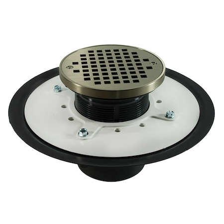 Jones Stephens 4in. Heavy Duty PVC Drain Base with 3-1/2in. Plastic Spud and 5in. Nickel Bronze Strainer with Ring D53474